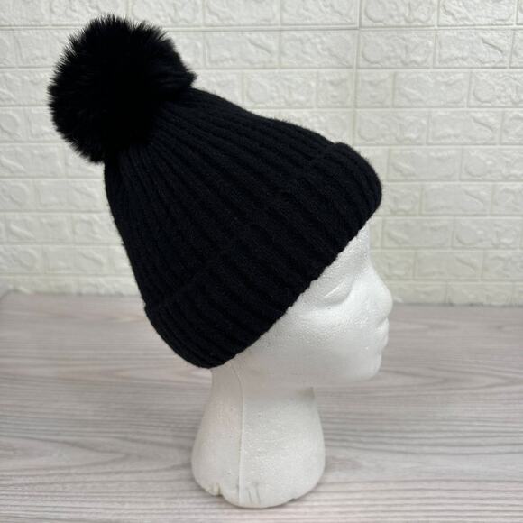 Hat Attack Acrylic Pom Pom Winter Beanie Hat Faux Fur Lined Ribbed Knit Black - Picture 2 of 11